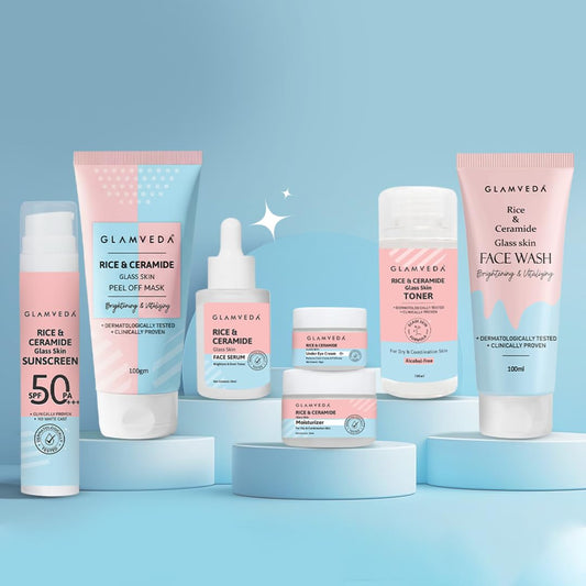 Glamveda Korean 7 Step Skincare Kit for Women | Rice & Ceramide Routine | Gift Box | Skin Brightening, Anti-Ageing | Face Wash + Toner + Moisturizer + Serum + Mask + Sunscreen+ Under Eye Cream